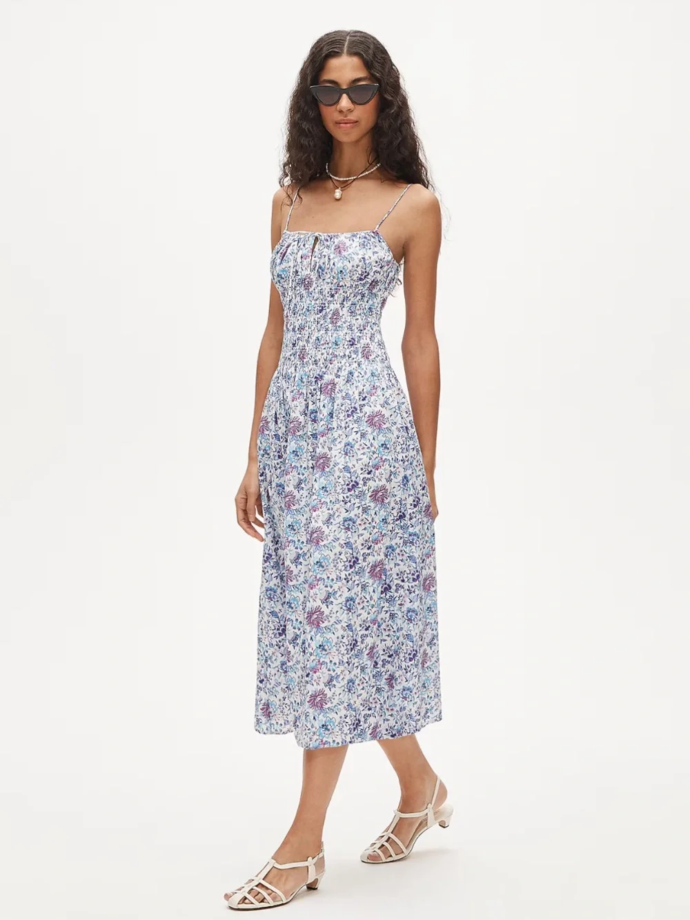 J. Crew Blue and Lilac Floral Smocked Midi Dress